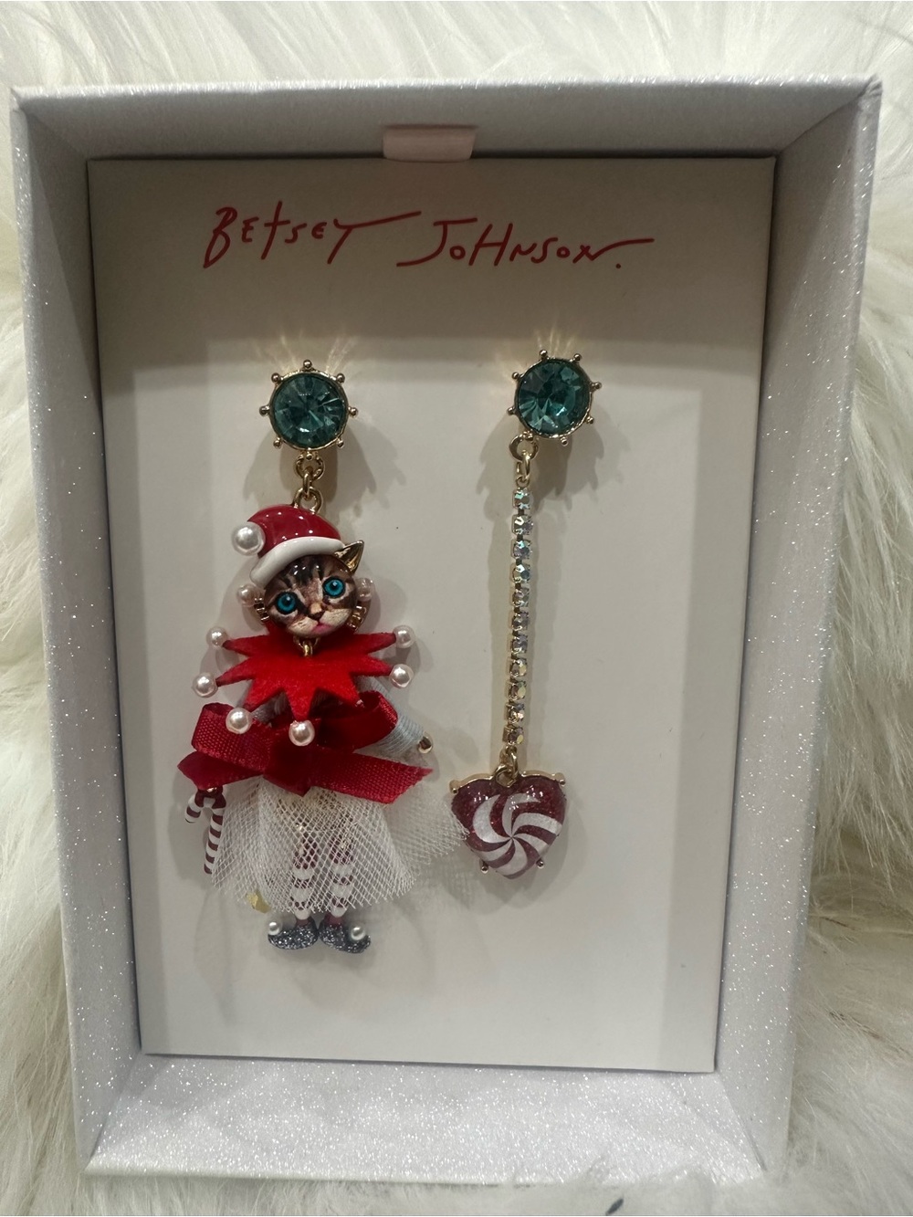 Betsey johnson Faux Stone Jingle Bell Bling Christmas Cat Mismatch Earrings